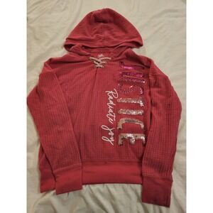 Justice Girls Medium 10 Pink Sequin Hoodie Waffle Knit Radiate Joy Sweatshirt